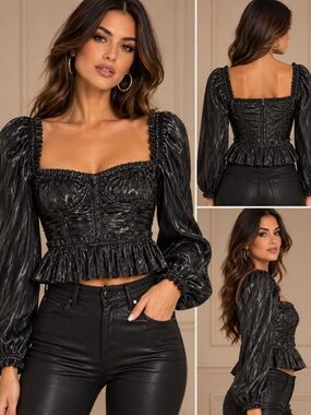 AQUA L Black Corset Peplum Top Ruched Puff Sleeve Gothic Romantic Whimsigoth NWT